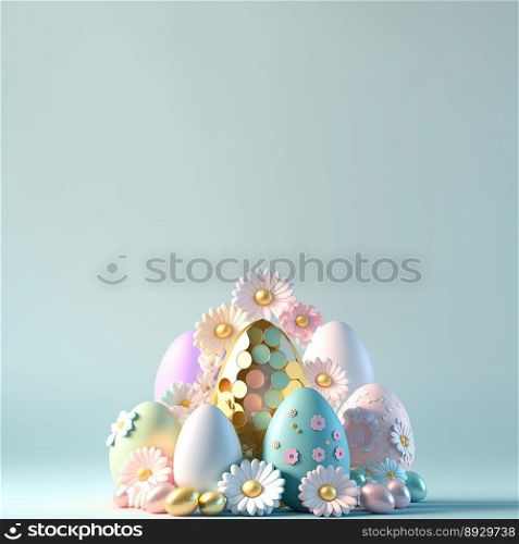 3D Illustration of Glossy Eggs and Flowers for Easter Party Background