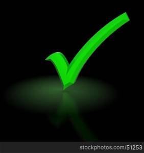 3d illustration of glowing green checkmark, over black background