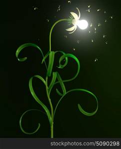 3D illustration of glowing in night light bulb flower and bugs flying around