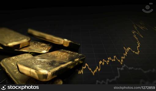 3D illustration of gold ingots over black background with a chart. Financial concept, horizontal image.. Gold Price, Commodities Investment