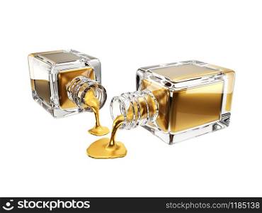 3d illustration of gold nail polish bottle with drops, isolated on white with clipping path set