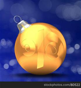 3d illustration of golden Christmas ball over bokeh blue background with golden percent sign