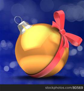 3d illustration of golden Christmas ball over bokeh blue background with red bow