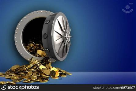 3d illustration of golden coins storage over blue background. 3d golden coins over blue