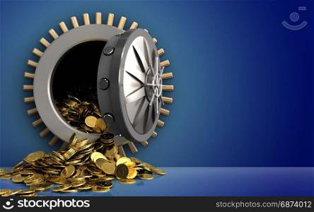 3d illustration of golden coins storage over blue background. 3d golden coins over blue
