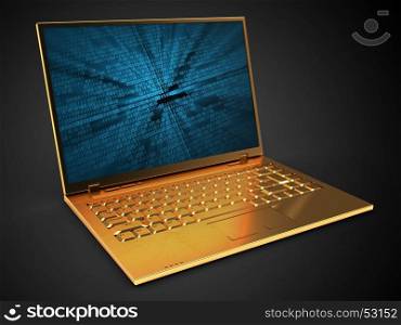 3d illustration of golden computer over black background with binary data screen
