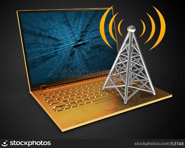 3d illustration of golden computer over black background with binary data screen and antenna