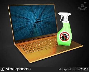 3d illustration of golden computer over black background with binary data screen and bug spray