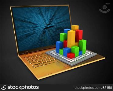 3d illustration of golden computer over black background with binary data screen and diagram