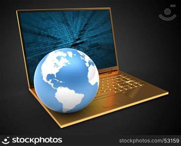 3d illustration of golden computer over black background with binary data screen and earth globe