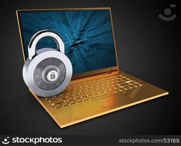 3d illustration of golden computer over black background with binary data screen and lock