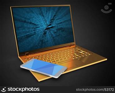 3d illustration of golden computer over black background with binary data screen and mobile phone