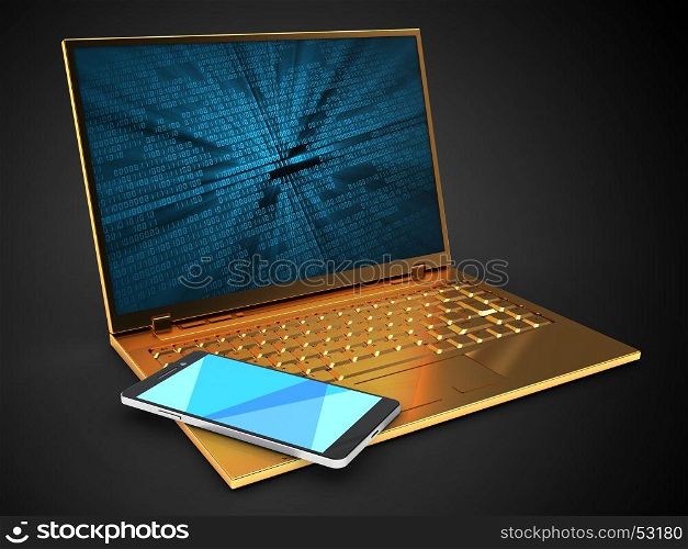 3d illustration of golden computer over black background with binary data screen and smartphone