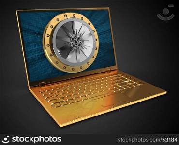 3d illustration of golden computer over black background with binary data screen and vault door