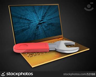 3d illustration of golden computer over black background with binary data screen and wrench