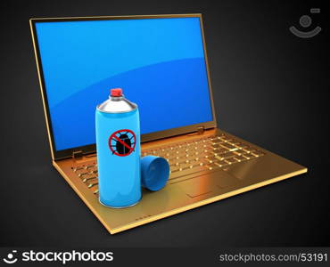 3d illustration of golden computer over black background with blue reflection screen and