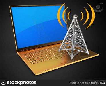 3d illustration of golden computer over black background with blue reflection screen and antenna