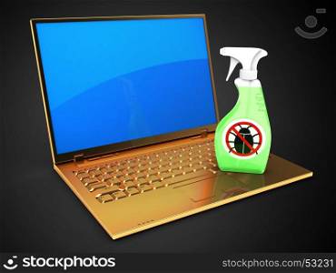 3d illustration of golden computer over black background with blue reflection screen and bug spray