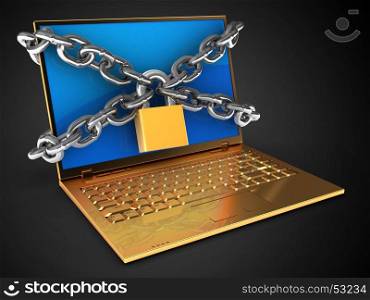 3d illustration of golden computer over black background with blue reflection screen and chains
