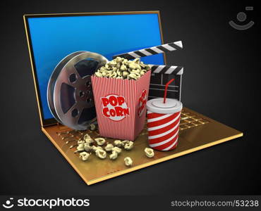 3d illustration of golden computer over black background with blue reflection screen and cinema