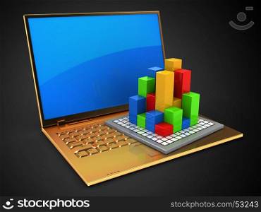 3d illustration of golden computer over black background with blue reflection screen and diagram