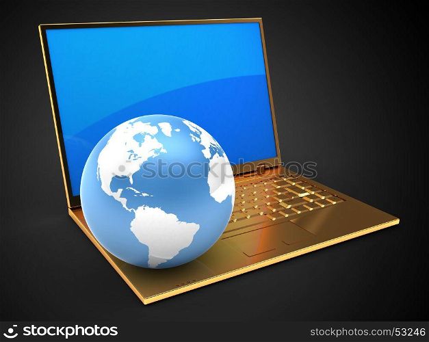 3d illustration of golden computer over black background with blue reflection screen and earth globe
