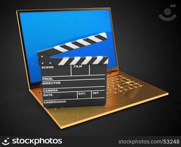 3d illustration of golden computer over black background with blue reflection screen and film clap