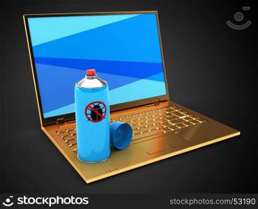 3d illustration of golden computer over black background with blue screen and