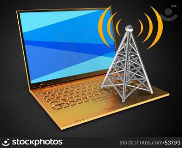 3d illustration of golden computer over black background with blue screen and antenna