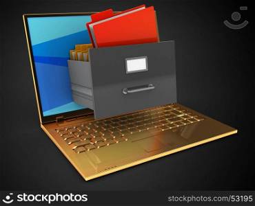 3d illustration of golden computer over black background with blue screen and archive