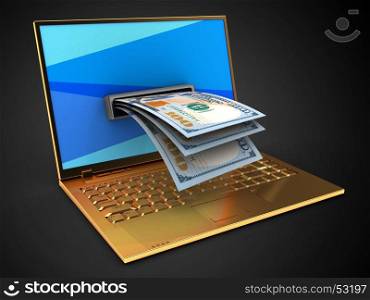 3d illustration of golden computer over black background with blue screen and banknotes