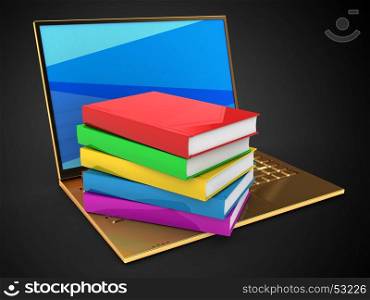 3d illustration of golden computer over black background with blue screen and books