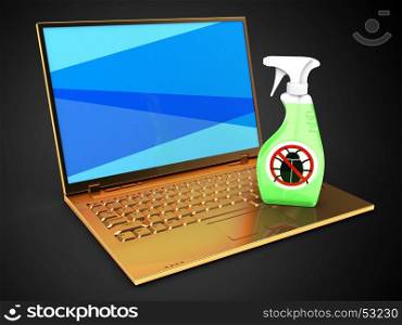 3d illustration of golden computer over black background with blue screen and bug spray
