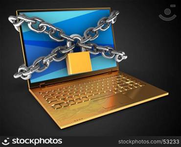 3d illustration of golden computer over black background with blue screen and chains