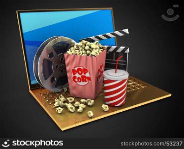 3d illustration of golden computer over black background with blue screen and cinema