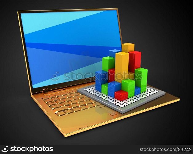 3d illustration of golden computer over black background with blue screen and diagram