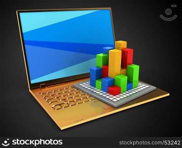 3d illustration of golden computer over black background with blue screen and diagram