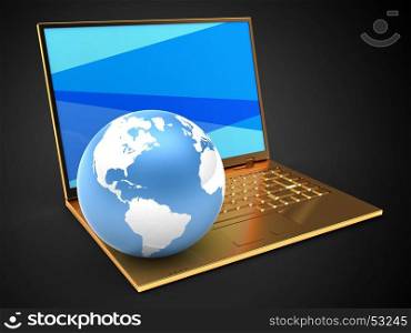 3d illustration of golden computer over black background with blue screen and earth globe