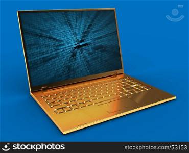 3d illustration of golden computer over blue background with binary data screen