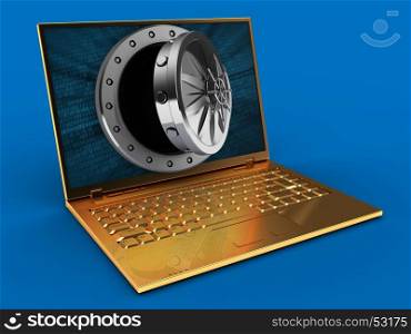 3d illustration of golden computer over blue background with binary data screen and opened vault door