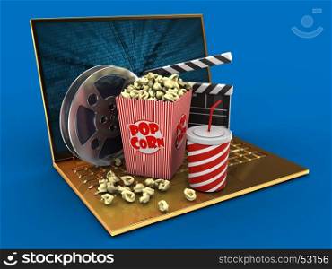 3d illustration of golden computer over blue background with binary data screen and cinema