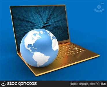 3d illustration of golden computer over blue background with binary data screen and earth globe