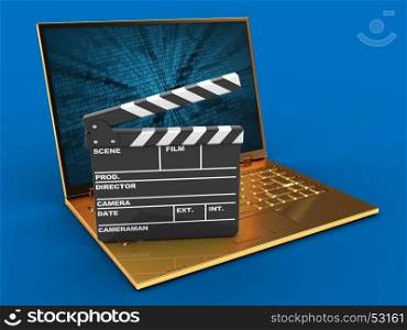 3d illustration of golden computer over blue background with binary data screen and film clap