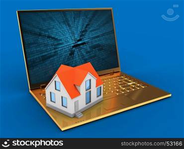 3d illustration of golden computer over blue background with binary data screen and house