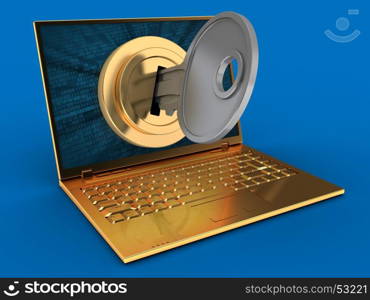 3d illustration of golden computer over blue background with binary data screen and key locked