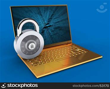 3d illustration of golden computer over blue background with binary data screen and lock