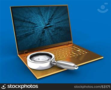 3d illustration of golden computer over blue background with binary data screen and magnify flass
