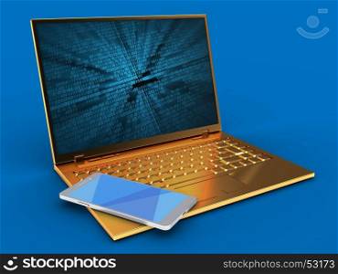 3d illustration of golden computer over blue background with binary data screen and mobile phone
