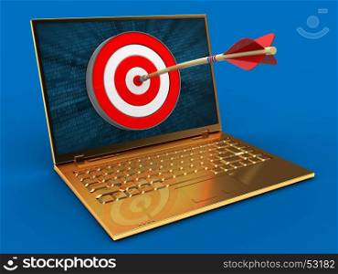 3d illustration of golden computer over blue background with binary data screen and target