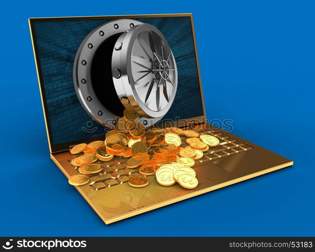 3d illustration of golden computer over blue background with binary data screen and treasure